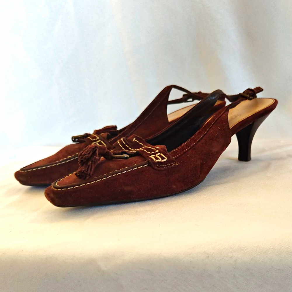 Cole Haan Brown Suede Tassel Slingback Heels Almond Toe Slip On US 6 B